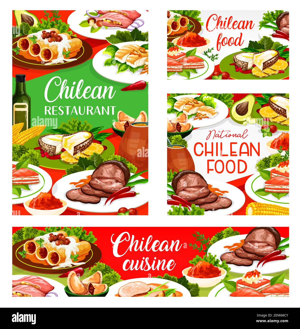 Le menu Vector du restaurant de cuisine chilienne est couvert. Plats traditionnels au Chili pour le déjeuner, pâtes cannelloni aux champignons, filet de bœuf au glaçage au vin et thé de maté Illustration de Vecteur