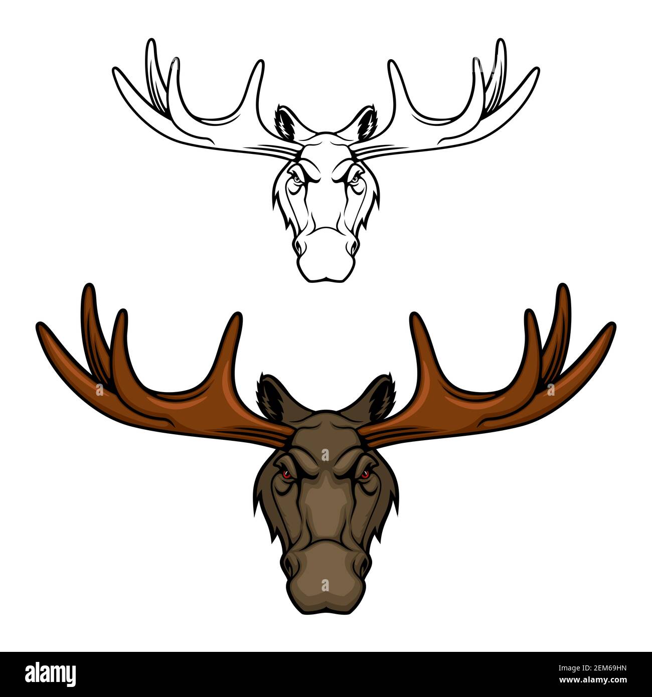 Icône représentant un vecteur animal de l'orignal avec tête de cerf ou de taureau, club de chasse ou mascotte d'équipe sportive. Wapiti de forêt sauvage avec bois de cerf et fourrure brune, Illustration de Vecteur