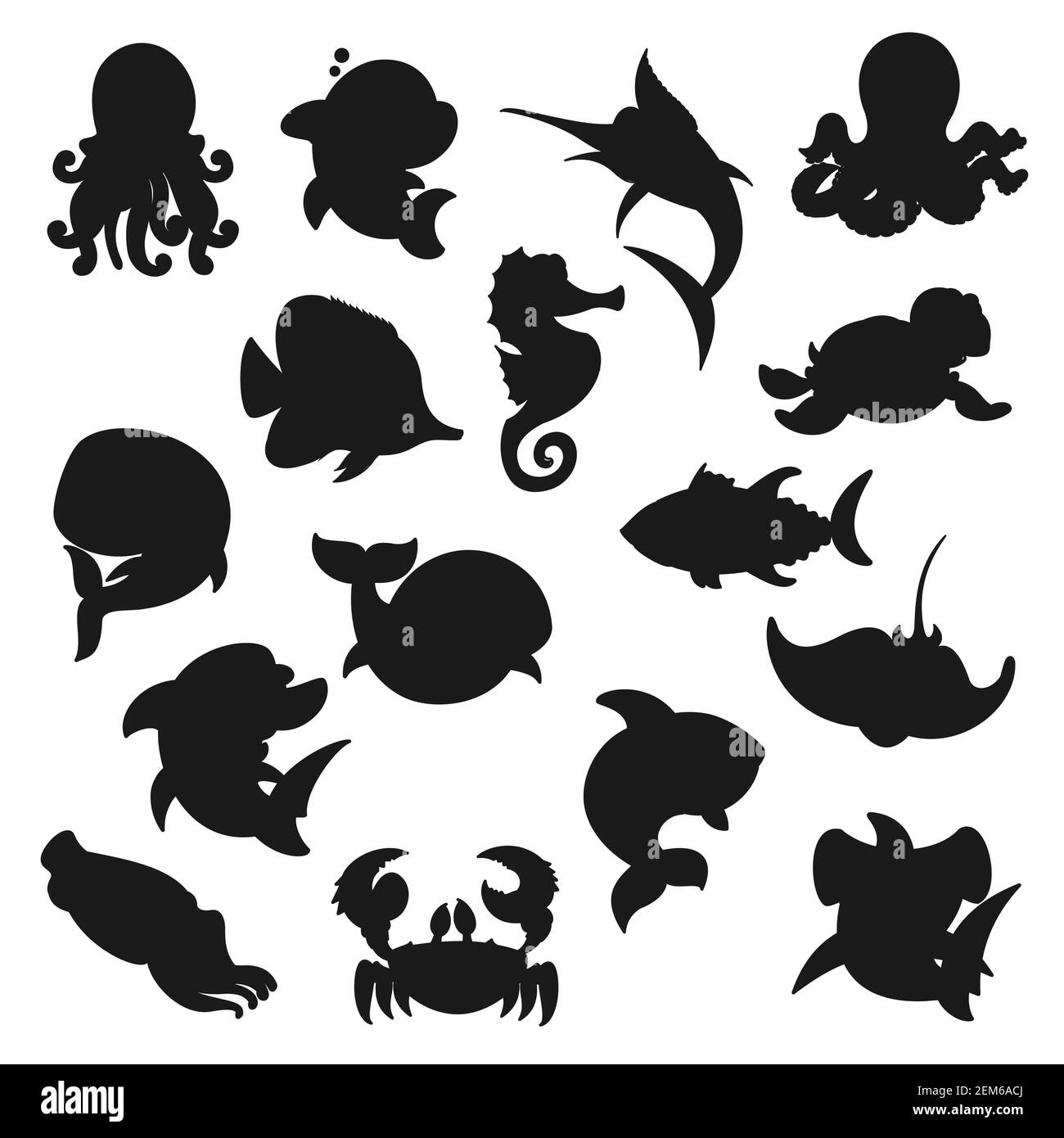 Icônes de silhouette d'animaux marins, de poissons et de créatures océaniques. Vecteur monde sous-marin, poissons d'aquarium et d'océanographie, requin-marteau et espadon, TUR Illustration de Vecteur
