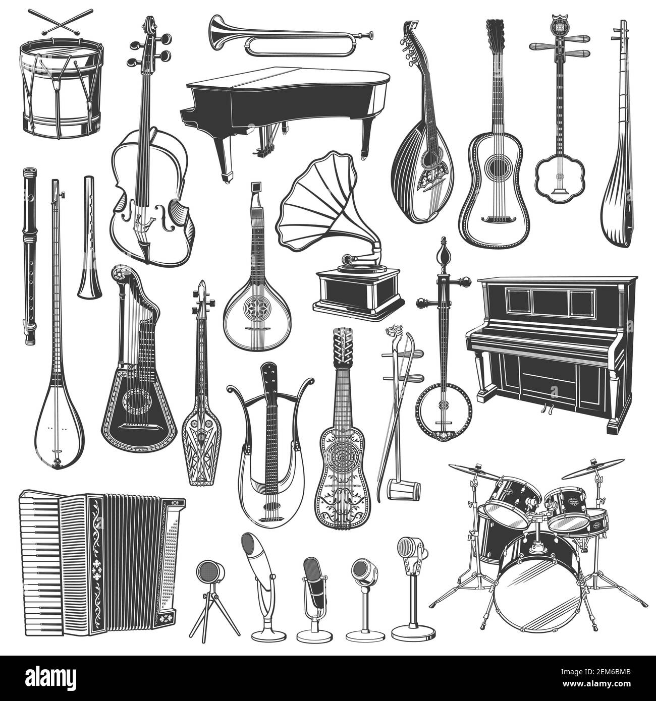 Croquis d'instruments de musique, de microphones et de gramophones de musique ethnique et classique. Piano vectoriel, batterie et guitare, trompette, basse et mandoline, flut Illustration de Vecteur