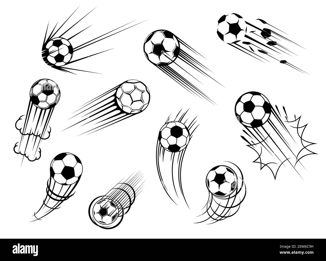 Ballon de football et ballon de football volant avec le tracé de but de coup de pied, icônes de vecteur. Football club de sport et football collège tournoi d'équipe et match de sport coupe ba Illustration de Vecteur