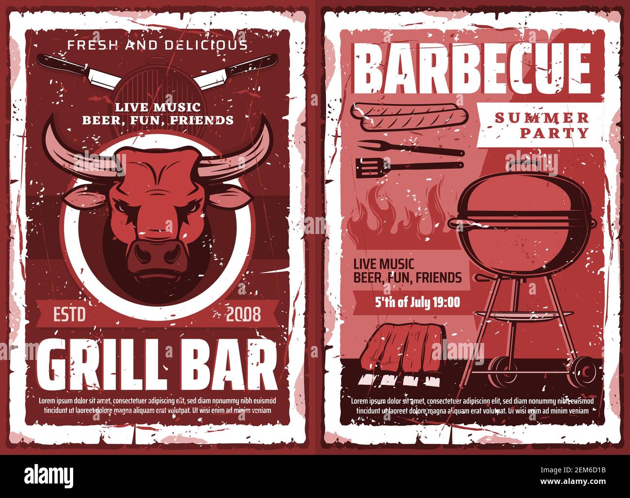 Barbecue fête, affiche de grunge Vector vintage. Barbecue pique-nique et barbecue au charbon de bois bar, tête de taureau de bœuf et saucisse avec côtes, bière et musique su Illustration de Vecteur