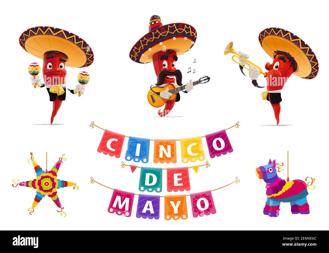 Cinco de Mayo vacances jalapeno musiciens de poivre, Pinata et papel drapeau de picado, vecteur Mexicain fiesta. Poivron rouge en chapeaux sombrero, maracas, mariachi Illustration de Vecteur