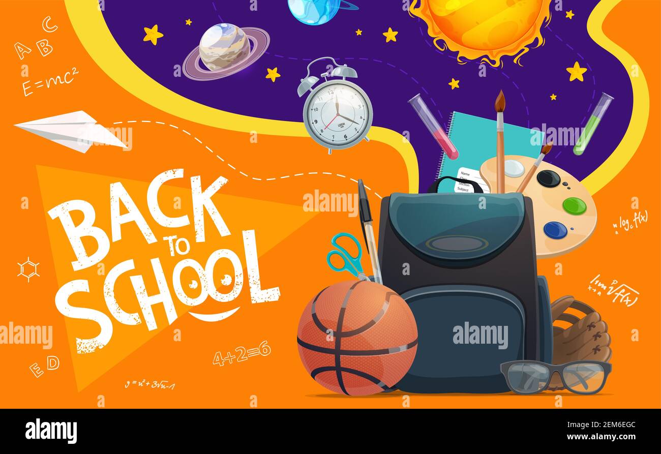 Sac d'école avec fournitures pour étudiants, vecteur. Retour à l'école et à l'éducation. Livre d'étudiant, carnet et stylo, peinture, brosse et ciseaux, flacons chimiques, abc Illustration de Vecteur