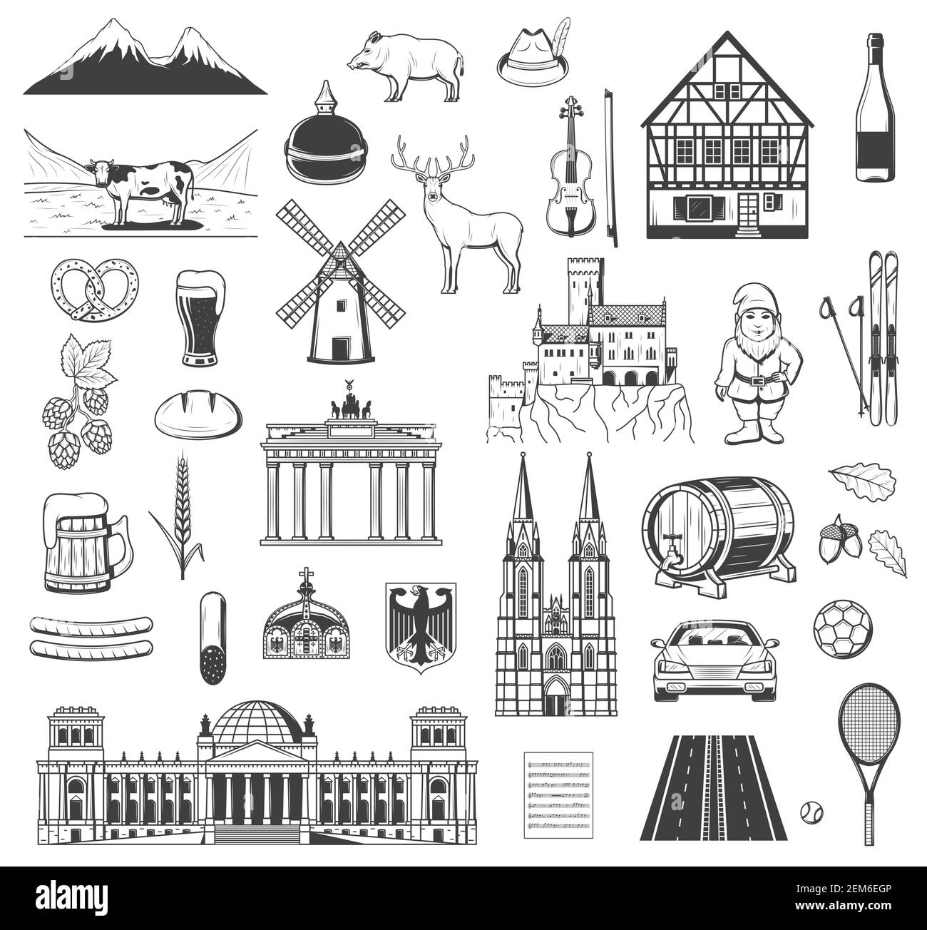 Objets vectoriels, symboles et caractères allemands. Bière et saucisse, bretzel. Chapeau de chasse bavarois, porte de Brandebourg et bâtiment de fachwerk, heraldi Illustration de Vecteur