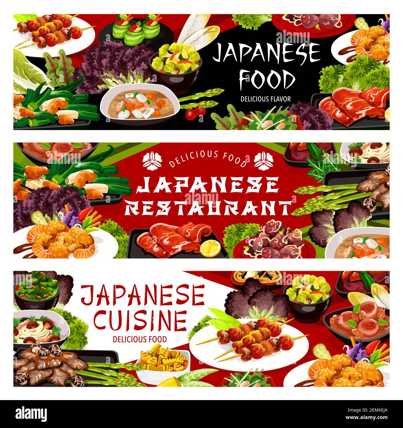Banderoles vectorielles pour plats de cuisine japonaise. Restaurant asiatique repas de bambou rôti, salade hokusai et poisson cuit au four sur le repas de brochettes. Soupe de porc Butaziru et Jap Illustration de Vecteur