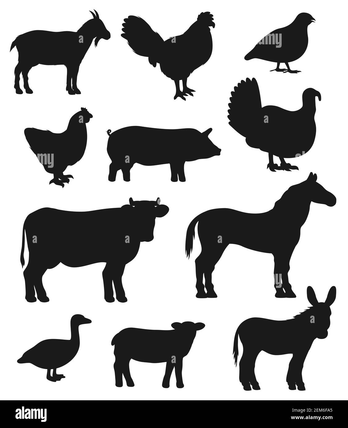 Animaux de ferme et oiseaux, symboles de silhouette noirs vectoriels. Vache de ferme de bétail, mouton isolé et oiseau de caille, chèvre et dinde, coq de poulet et goo Illustration de Vecteur