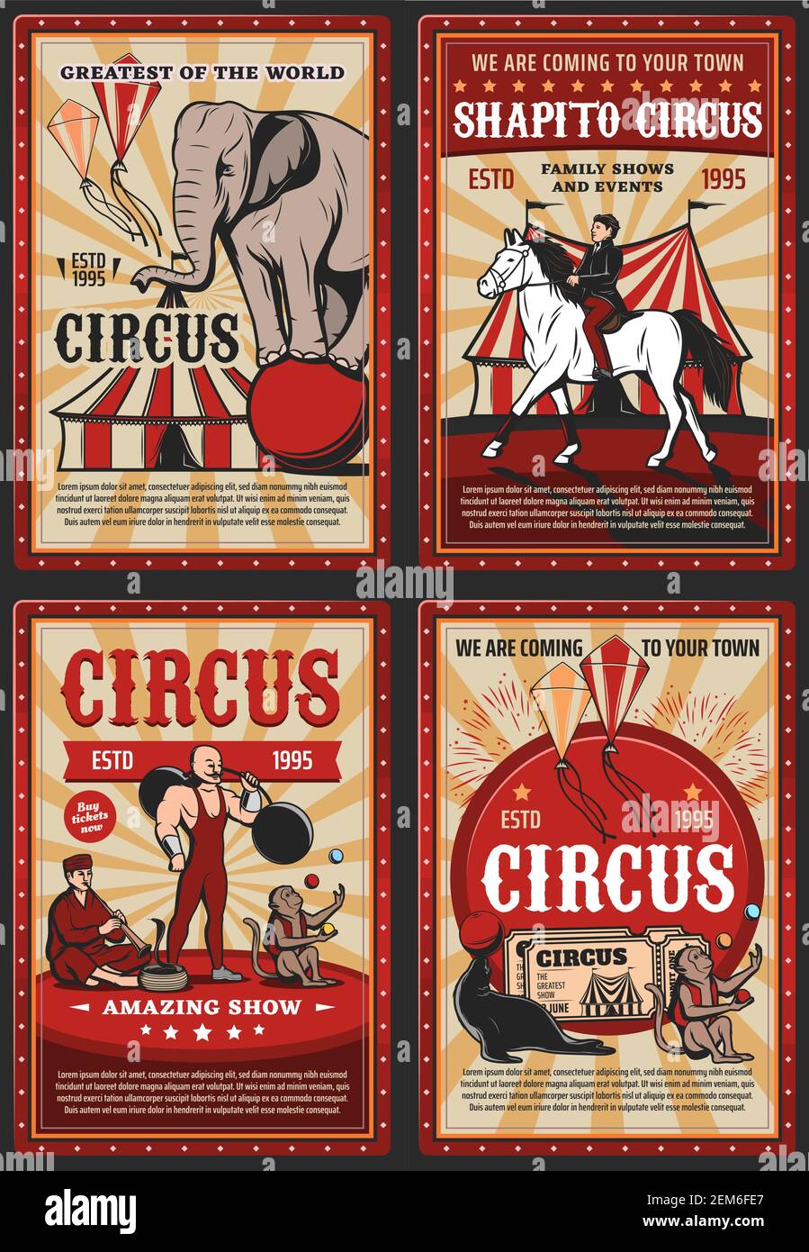 Affiche d'époque de cirque et de carnaval avec tente rétro à grand sommet, acrobates et animaux sur l'arène du cirque. Éléphant vectoriel, jongleur singe, trieur de phoques Illustration de Vecteur