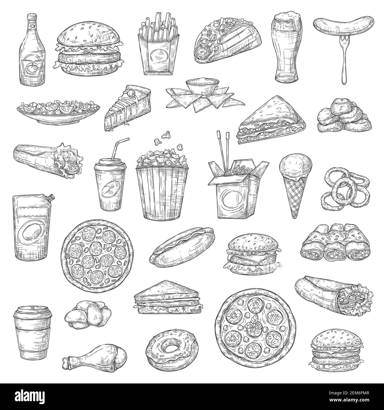 Hamburgers, boissons et desserts de restauration rapide, symboles vectoriels. Sandwich pizza et hamburger, ailes de poulet, nuggets et hot dog, burrito et tacos, frenc Illustration de Vecteur