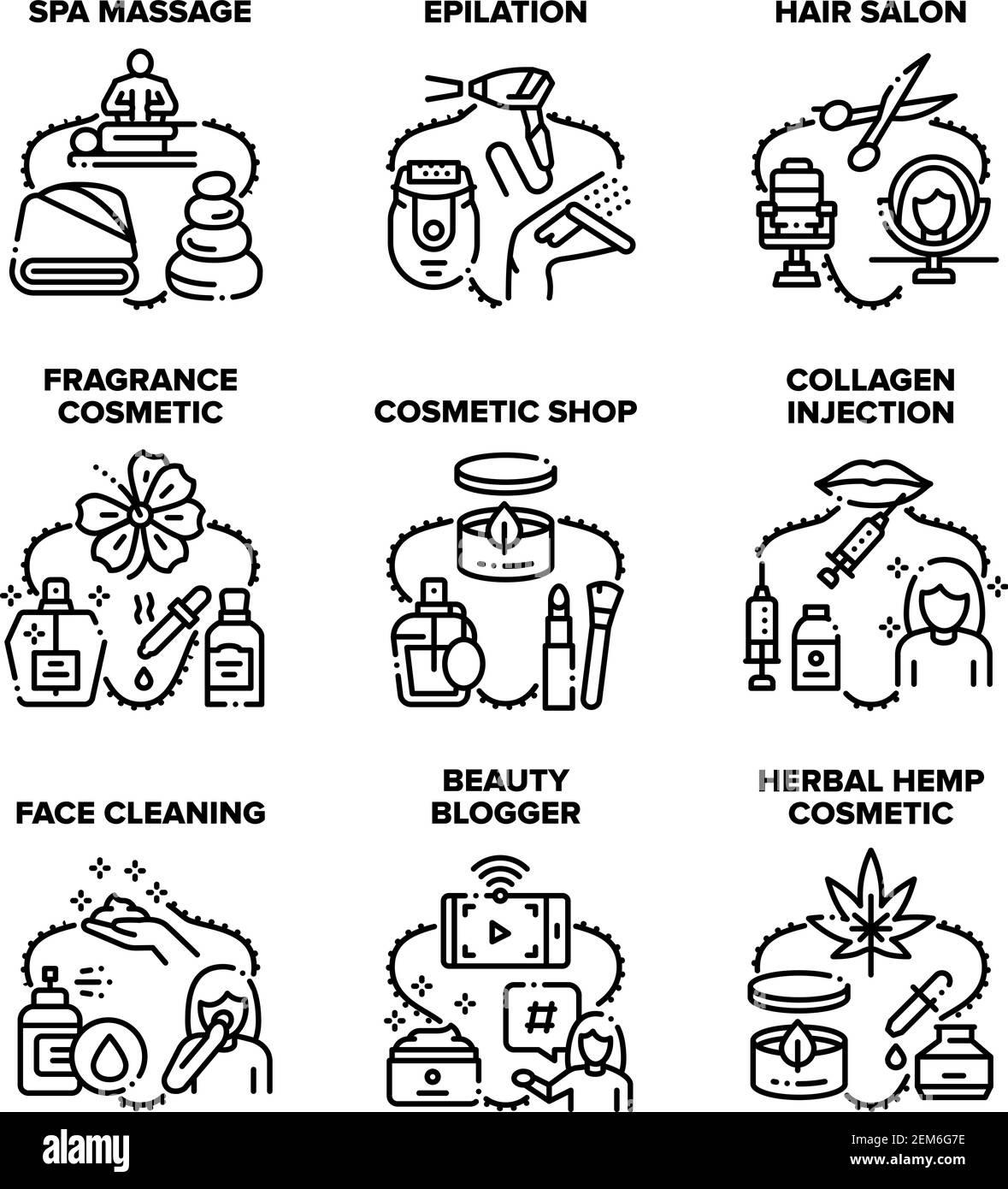 Illustrations vectorielles noires de l'ensemble d'icônes de glamour cosmétique Illustration de Vecteur