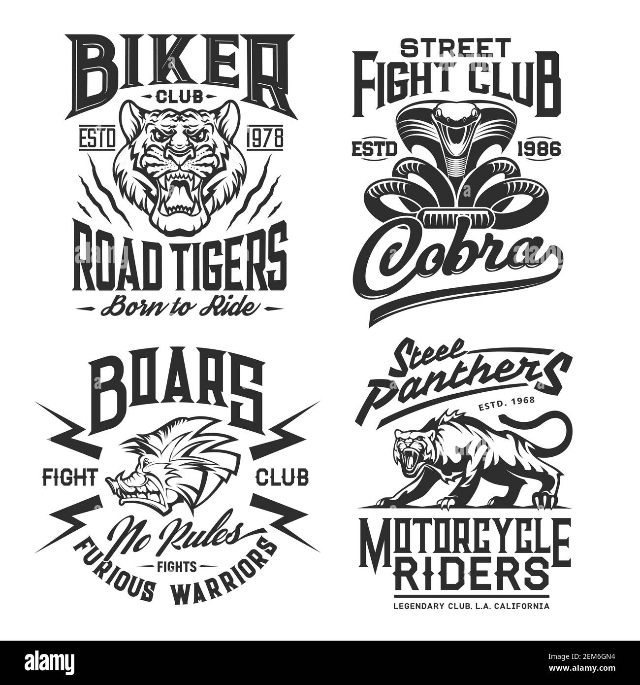 Maquette de t-shirt à imprimé tigre, panthère, cobra et sanglier avec animaux sauvages vectoriels et serpent. Motards ou motards et club de combat vêtements personnalisés de ma Illustration de Vecteur