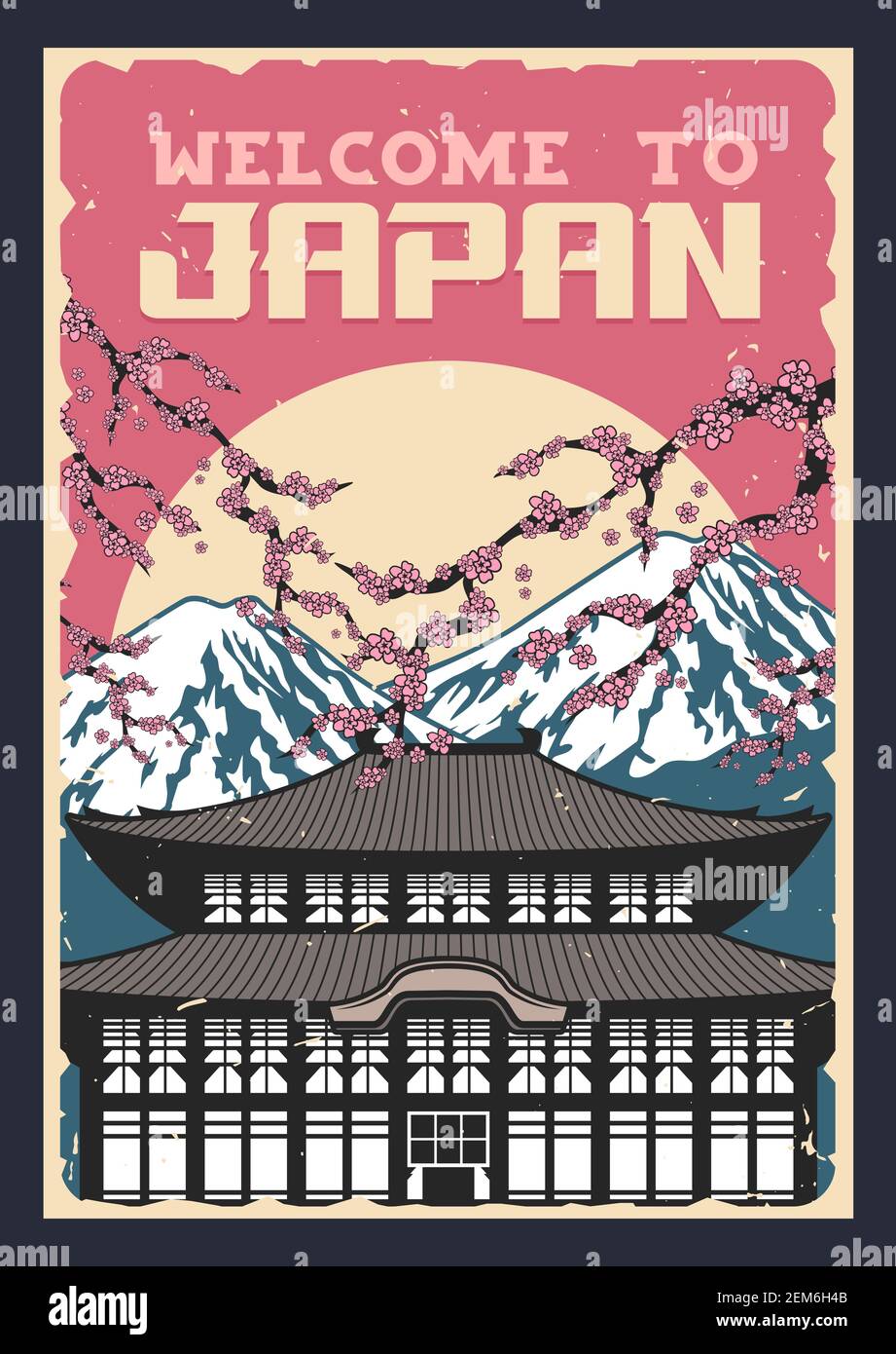 Voyage au Japon, affiche vectorielle vintage des traditions culturelles japonaises et des monuments célèbres. Bienvenue au Japon, au Mont Fuji de Tokyo et au traditionnel bouddhiste p Illustration de Vecteur