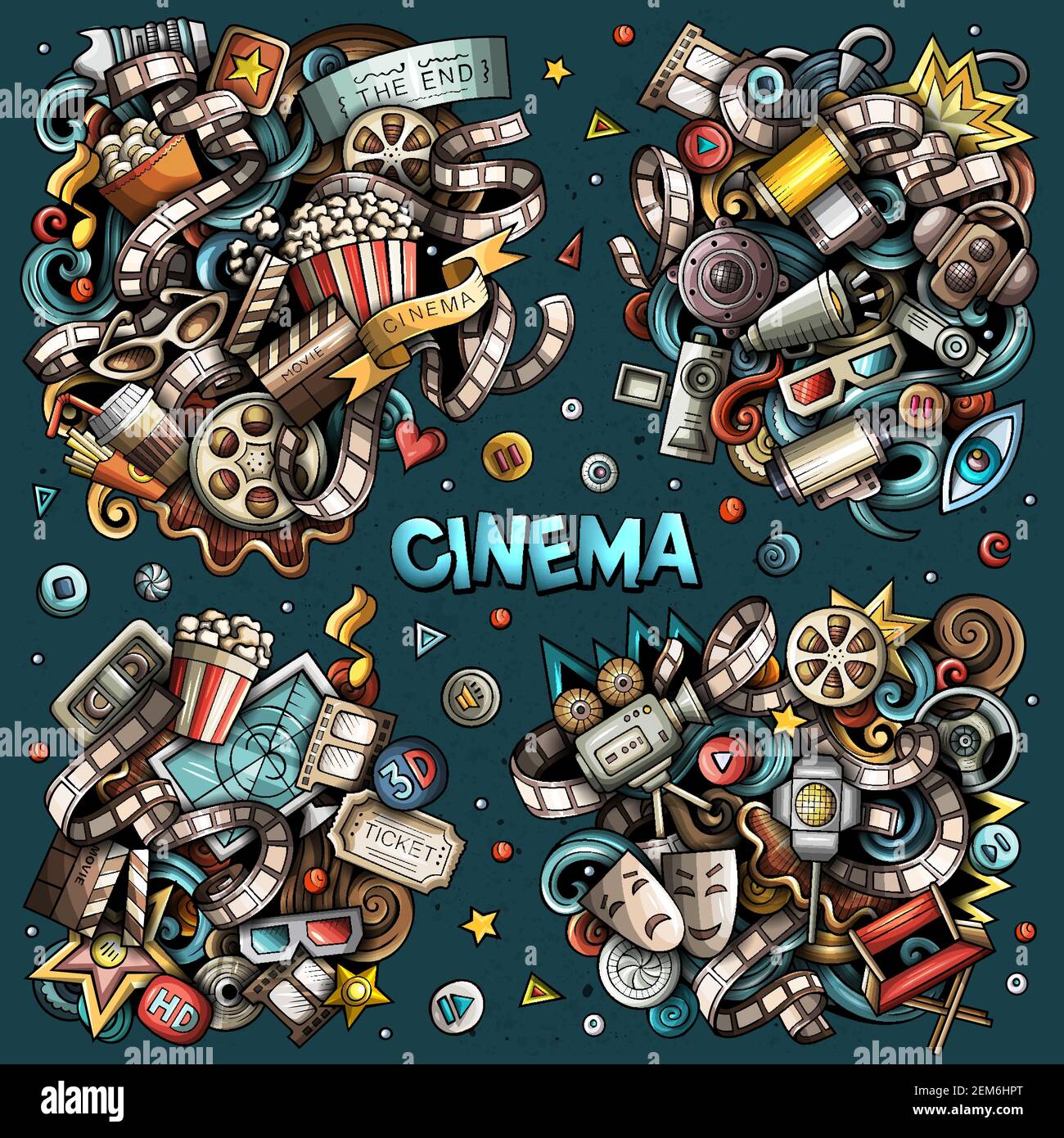 Ensemble de motifs de dessin animé cinématographique. Illustration de Vecteur