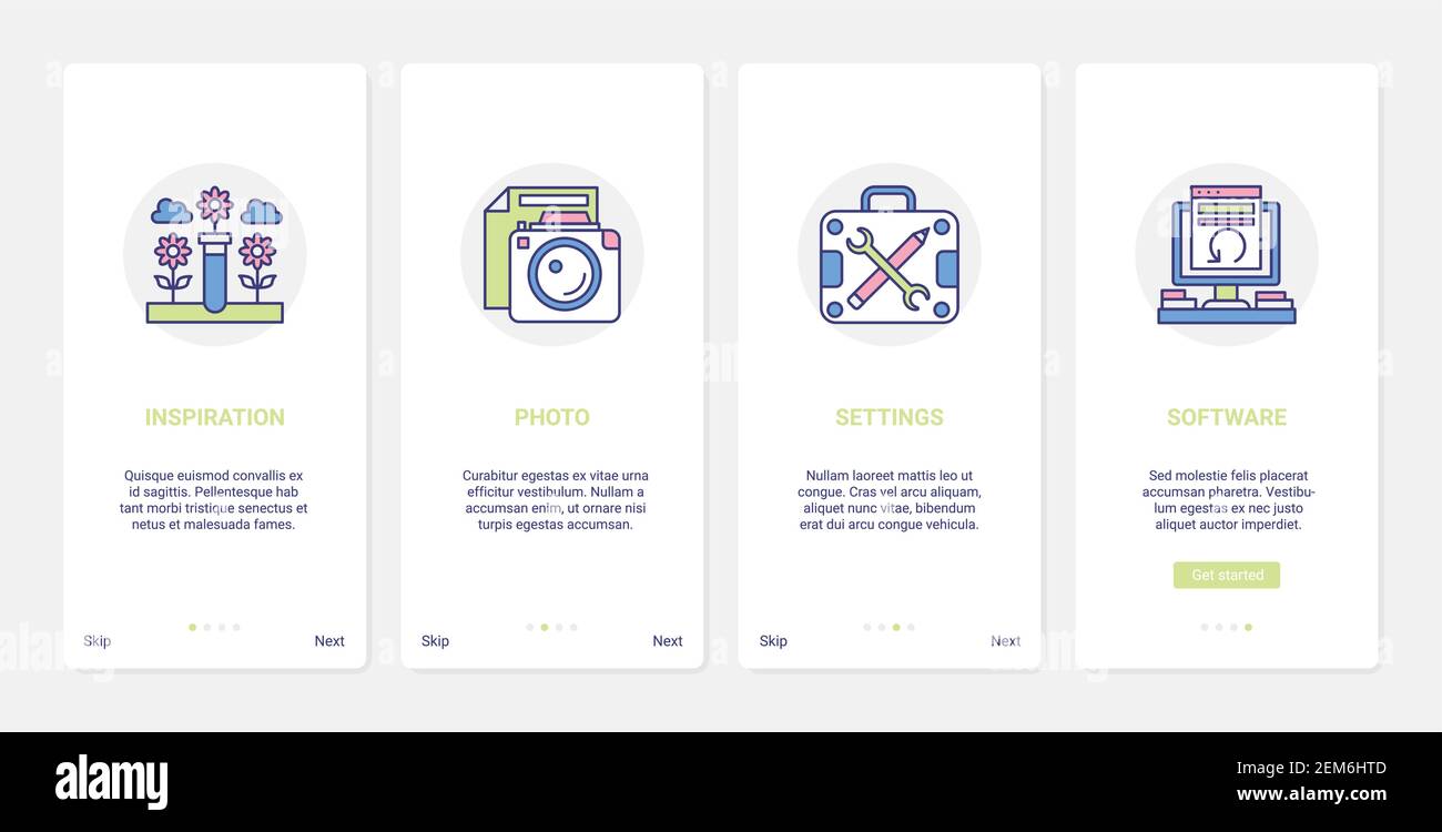 Création de contenu web d'art créatif, illustration vectorielle de processus de conception. Écran de page d'application mobile d'intégration d'interface utilisateur, UX, avec appareil photo ligne, équipement informatique et paramètres logiciels pour créer des illustrations Illustration de Vecteur