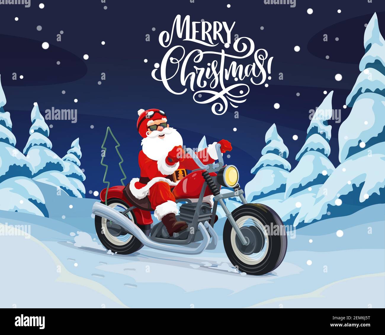 Père Noël à motif vecteur moto. Noël Claus livrant des cadeaux de Noël et  de nouvel an sur moto à travers la forêt de vacances d'hiver et le tr de  pin enneigé