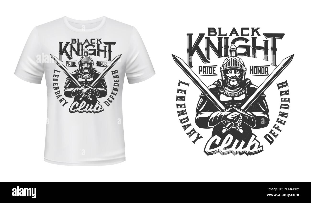 Maquette de maquette de t-shirt à motif vectoriel de chevalier médiéval, légendaire club des défenseurs. Gladiateur Chevalier noir en armure avec épées croisées et hel de bataille Illustration de Vecteur