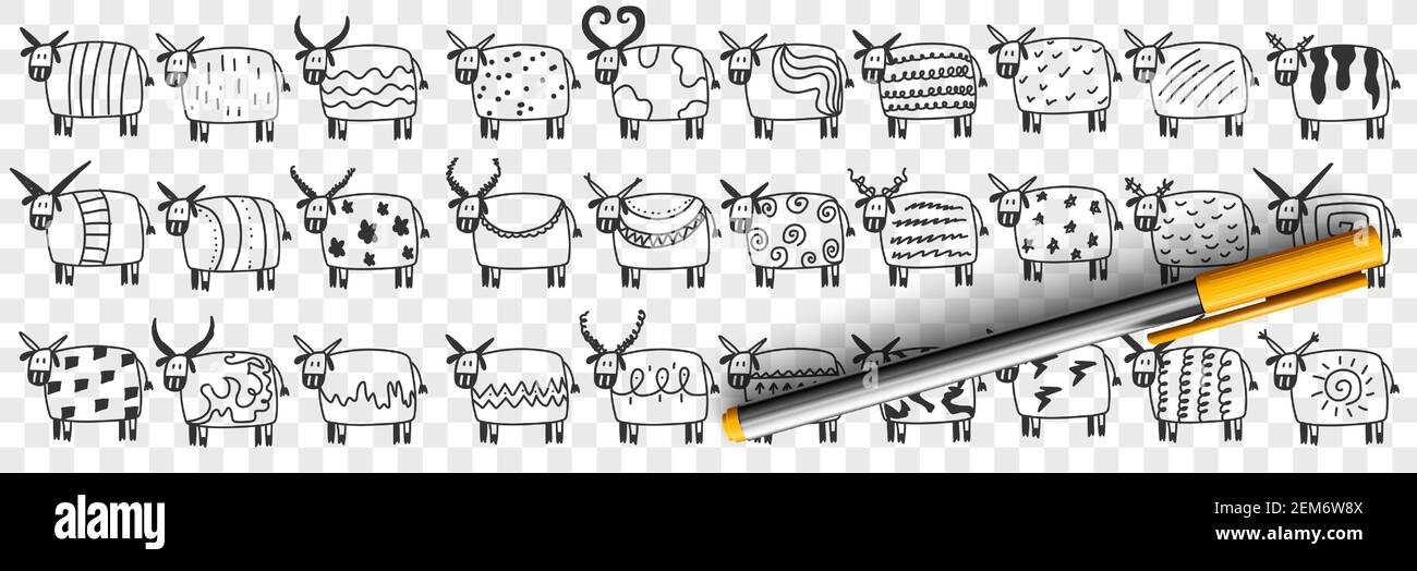 Les vaches mignons dans les rangs ensemble de doodle. Collection de vaches drôles dessinées à la main animaux mammifères à la ferme avec divers modèles sur les corps et les formes de cornes isolées sur fond transparent Illustration de Vecteur