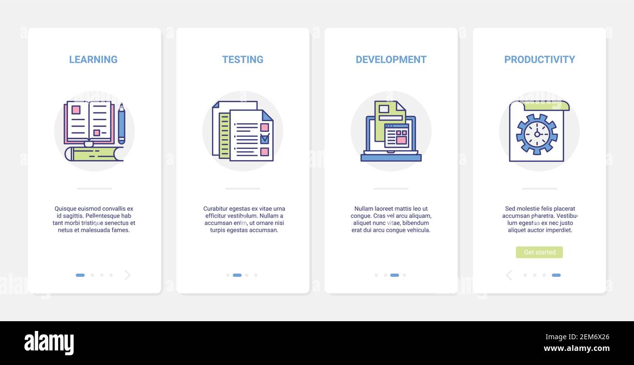 Illustration vectorielle des processus d'éducation créative. UX, UI Onboarding mobile application page Screen Set avec la productivité de qualité de ligne dans le développement de la créativité, l'apprentissage de test des symboles éducatifs Illustration de Vecteur
