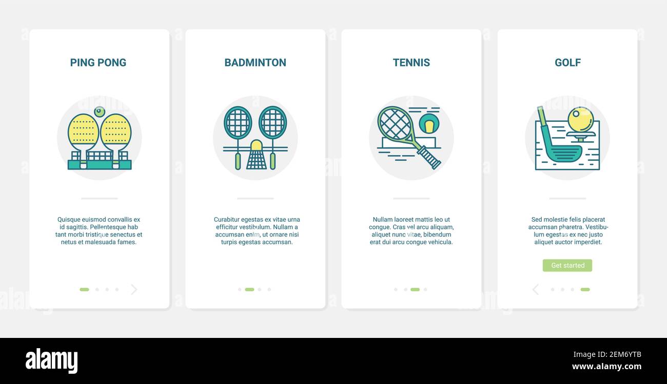 Illustration vectorielle d'équipement de sport. UX, UI Onboarding mobile application page écran set avec club de golf ligne et balle, raquettes pour le championnat de tournoi de tennis de badminton, symboles de jeu de ping-pong de sport de table Illustration de Vecteur