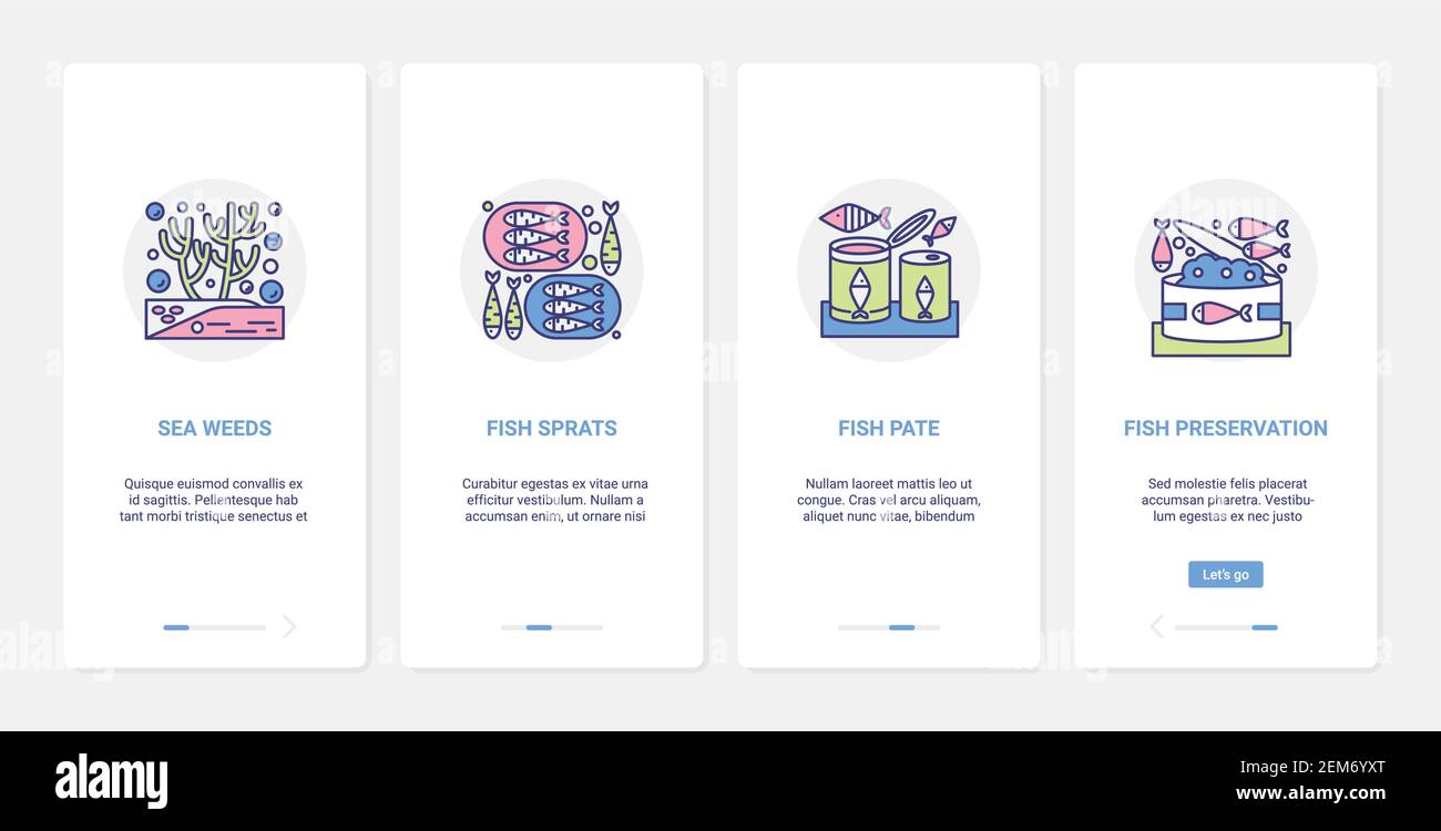 Conserves de fruits de mer, illustration de vecteur de nourriture en conserve marine. UX, UI Onboarding mobile application page Screen Set avec ligne de poisson assiette menu avec algue sparats dans la boîte ou le récipient, collection de symboles de l'industrie alimentaire Illustration de Vecteur