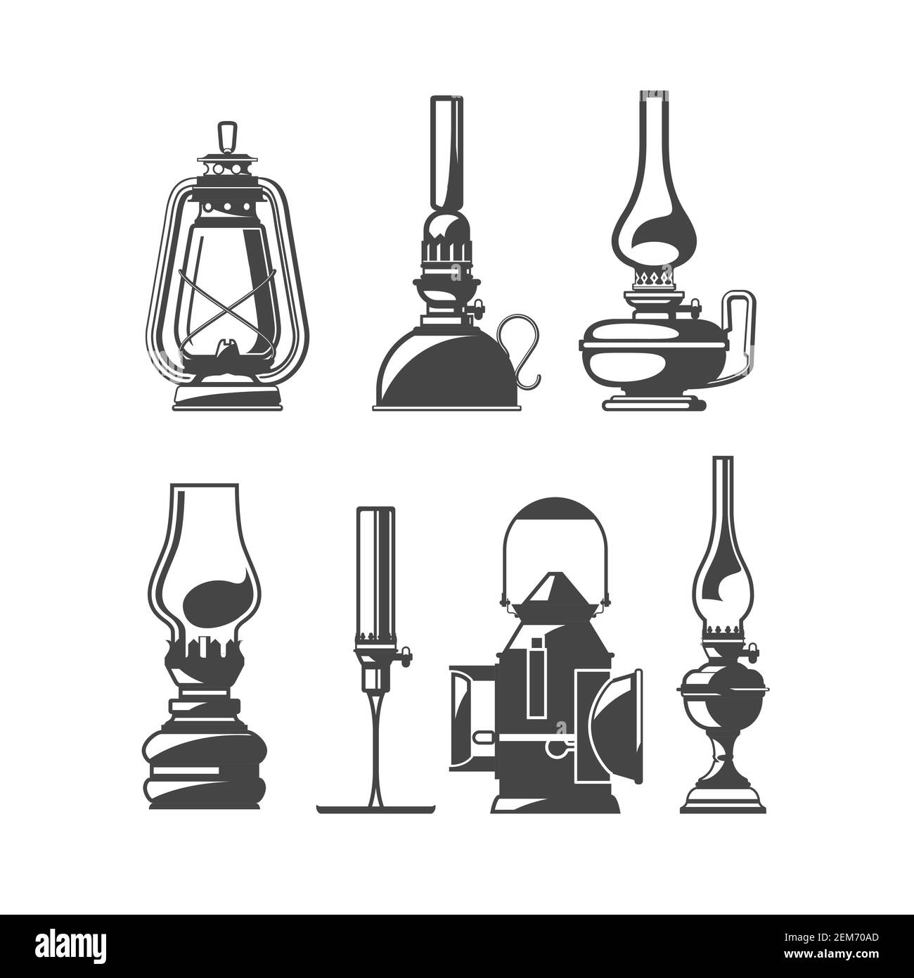 Jeu de lampes à huile anciennes, kérosène ou lanternes à huile vintage, collection de lampes pour la maison et les marchettes, Vector Illustration de Vecteur