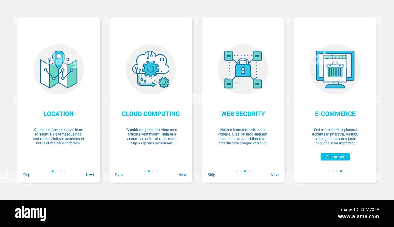 Illustration du vecteur de service Internet sécurisé du site Web ecommerce. UX, écran de page d'application mobile d'intégration d'interface utilisateur avec emplacement de ligne, technologie de cloud computing, sécurité et commerce sécurisé dans les symboles Web Illustration de Vecteur