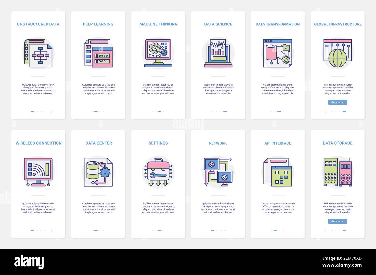 Illustration du vecteur d'apprentissage et de transformation du stockage des données scientifiques. UX, écran de page d'application mobile d'intégration d'interface utilisateur avec infrastructure globale de centre de données de ligne, connexion sans fil pour la réflexion sur les machines Illustration de Vecteur