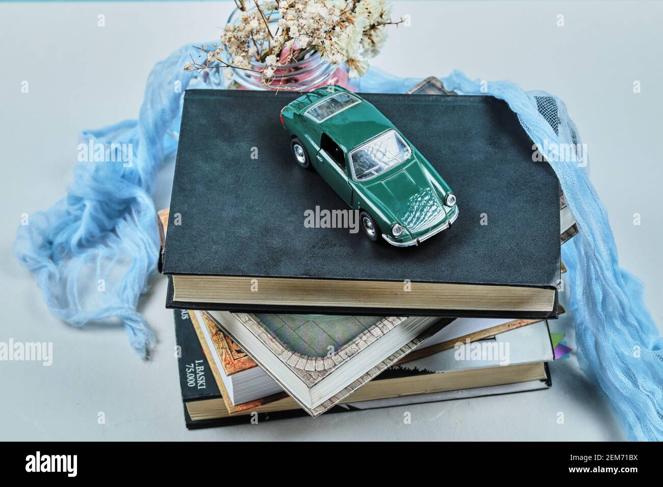 Une petite voiture sur le dessus des livres avec pot de fleurs Banque D'Images