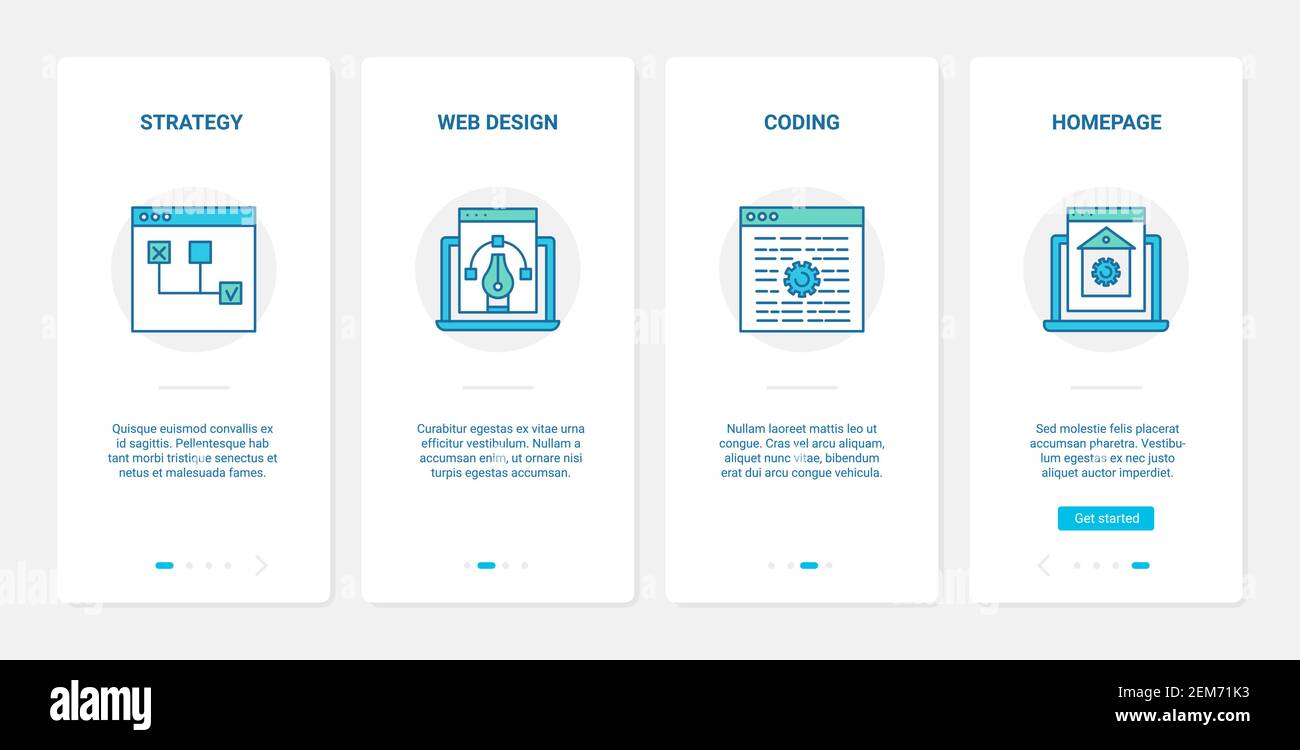 Optimisation de la stratégie de conception Web illustration vectorielle de la technologie Internet. UX, écran de page d'application mobile d'intégration d'interface utilisateur avec codage de programmation de page d'accueil de ligne, développement de contenu de page Web Illustration de Vecteur