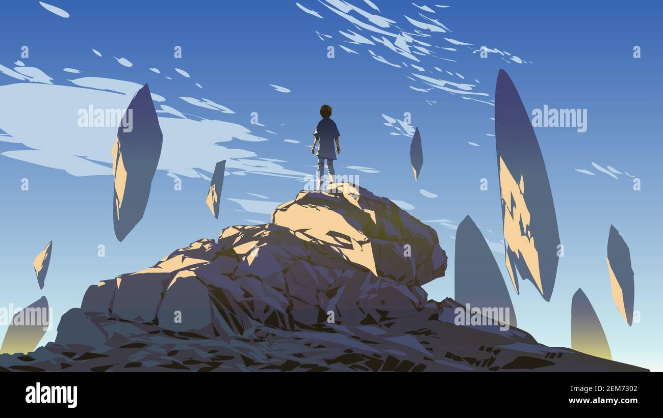 jeune garçon debout sur la montagne et regardant les rochers flottant dans le ciel, illustration vectorielle Illustration de Vecteur
