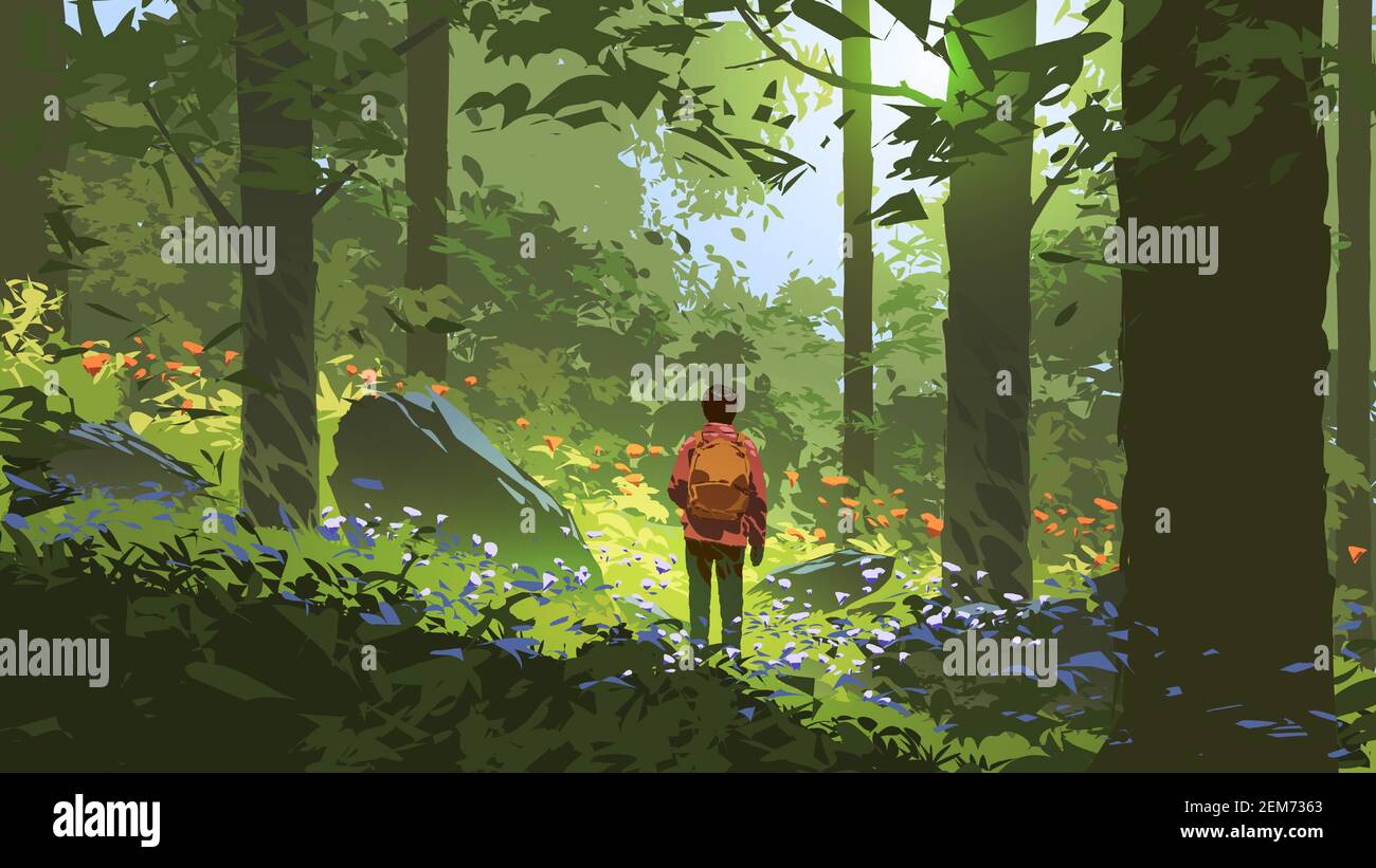 un jeune homme s'aventure dans la forêt profonde, illustration vectorielle Illustration de Vecteur