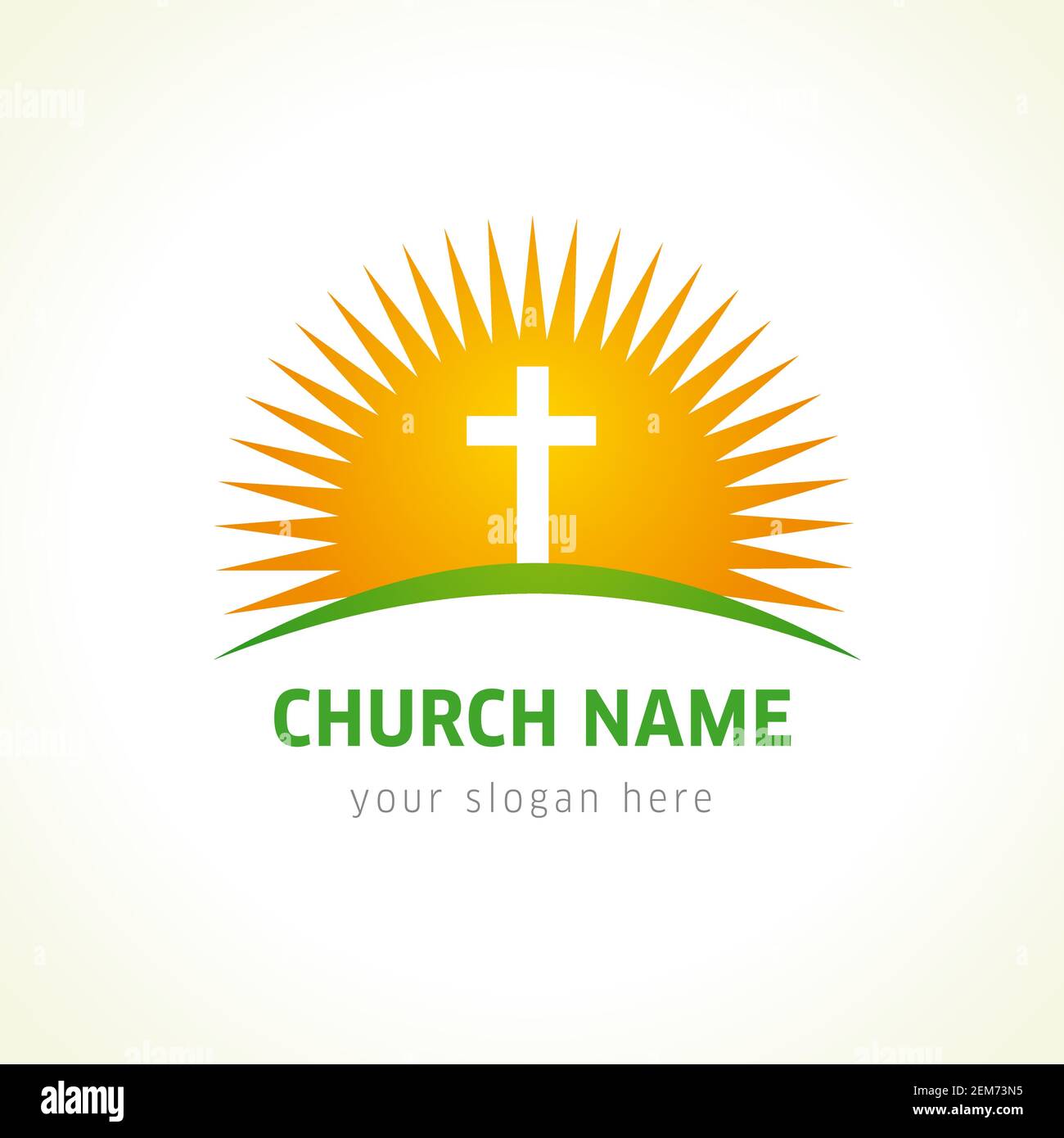 Logo vecteur de l'église. Éclairage crucifix, prière, Calvaire, croix brillante. Modèle abstrait de la résurrection en jaune et vert. Éducation religieuse Illustration de Vecteur