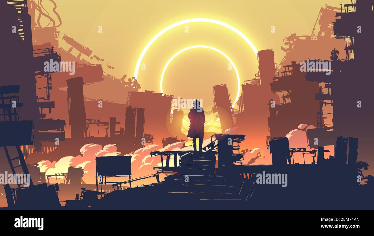 homme dans la ville dystopique debout sur un bâtiment regardant les cercles de lumière éloignés, illustration vectorielle Illustration de Vecteur