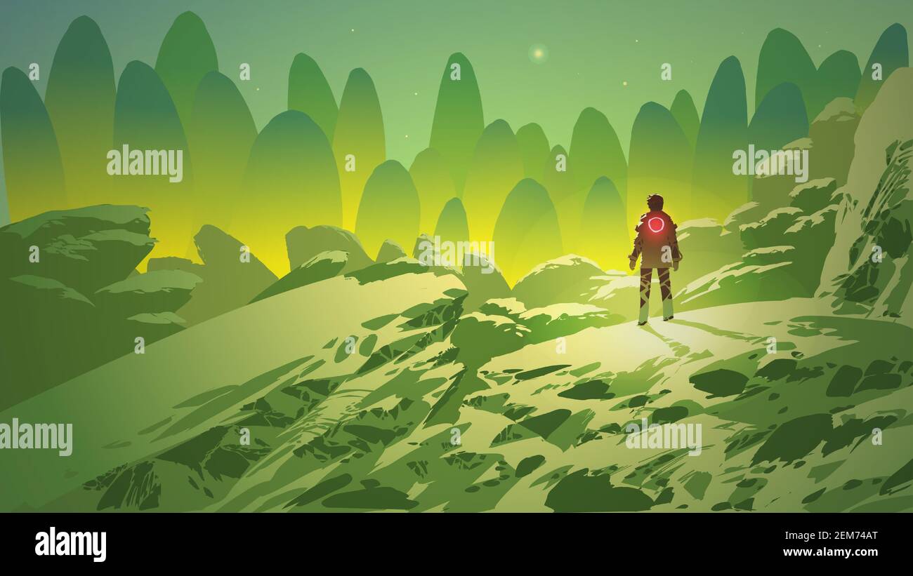 homme dans le paysage de fantaisie regardant les montagnes vertes lointaines, illustration vectorielle Illustration de Vecteur