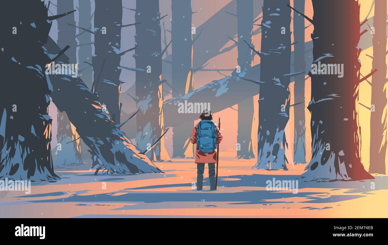 homme voyageant dans une forêt enneigée, illustration vectorielle Illustration de Vecteur