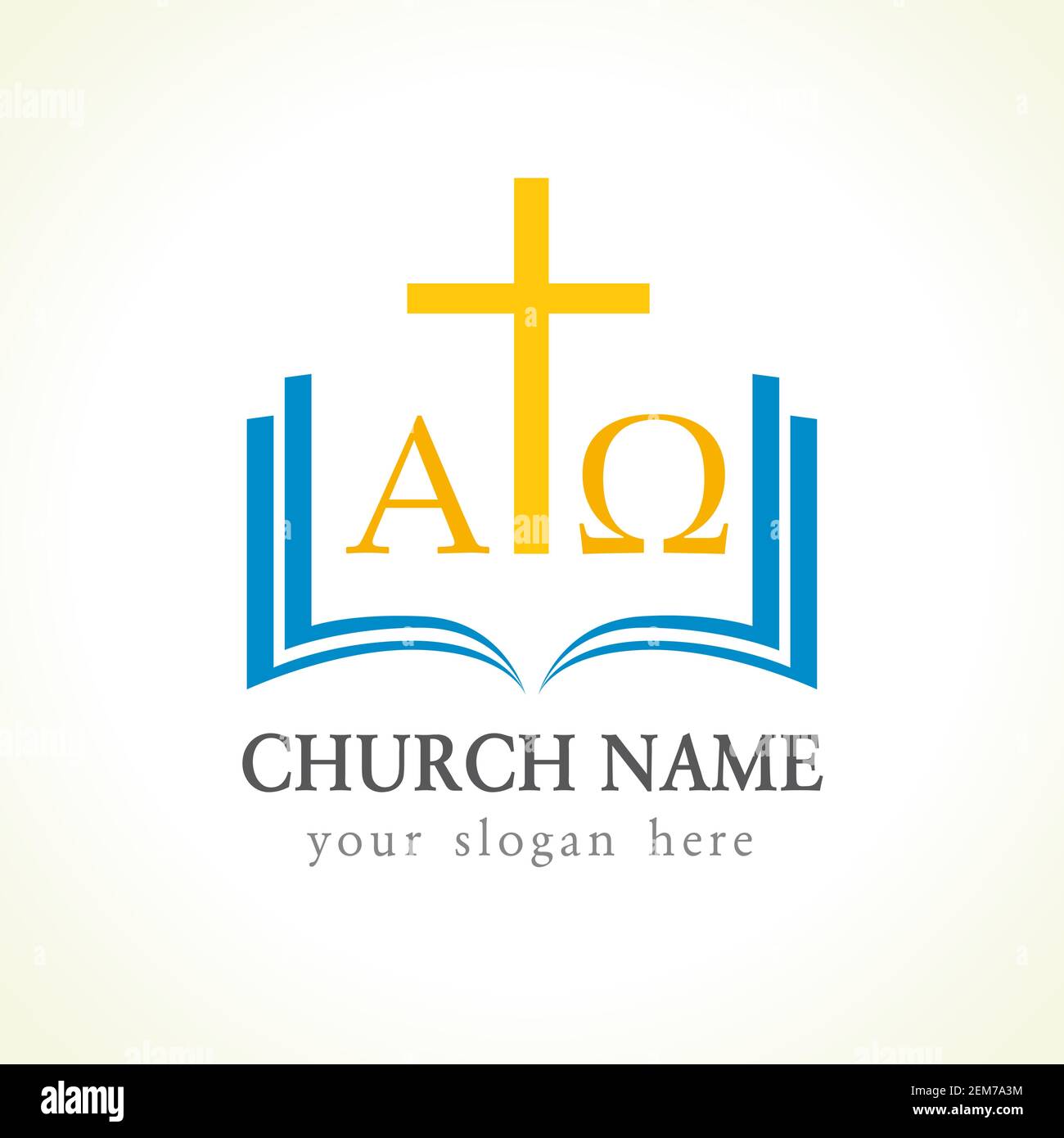 Logotype de vecteur d'église chrétienne. Crucifixion or, livre bleu ouvert, couverture, pages, lettres grecques « Je suis Alpha et Oméga ». Symbole éducatif religieux t Illustration de Vecteur