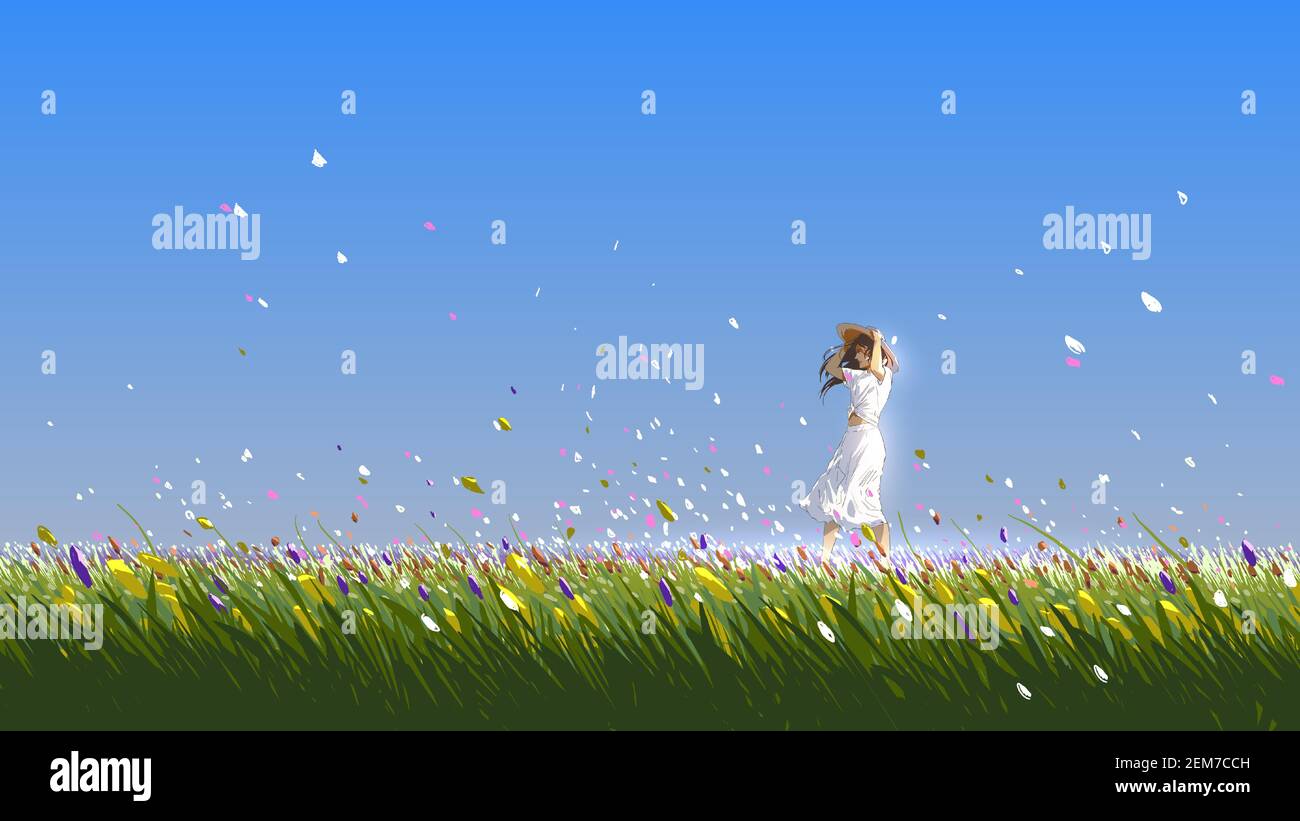 belle femme debout dans le champ de fleurs un jour d'été, illustration vectorielle Illustration de Vecteur