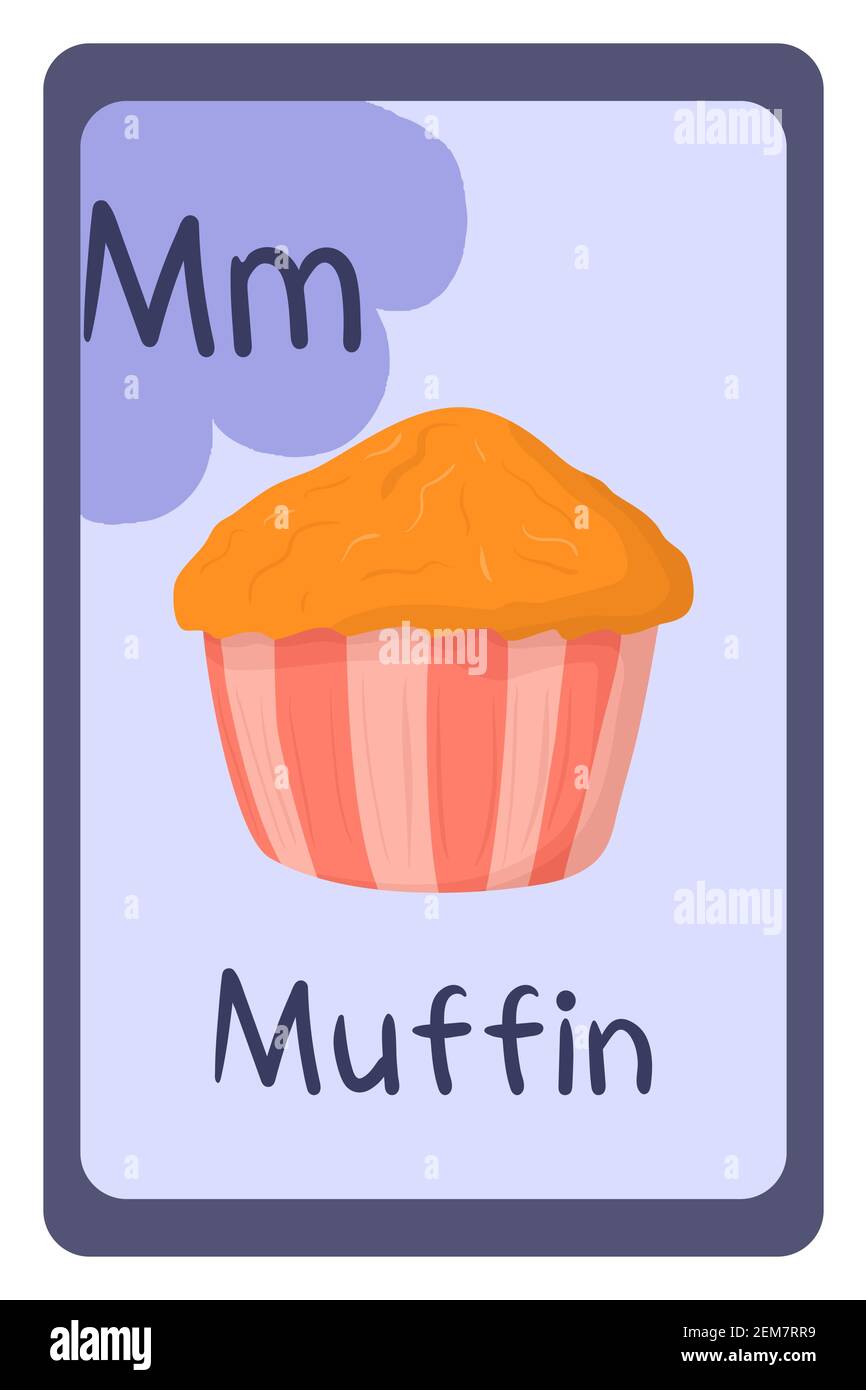Carte flash d'éducation abc colorée, lettre M - muffin. Illustration vectorielle de l'alphabet avec nourriture, fruits et légumes. École, étude, concept d'apprentissage. Illustration de Vecteur