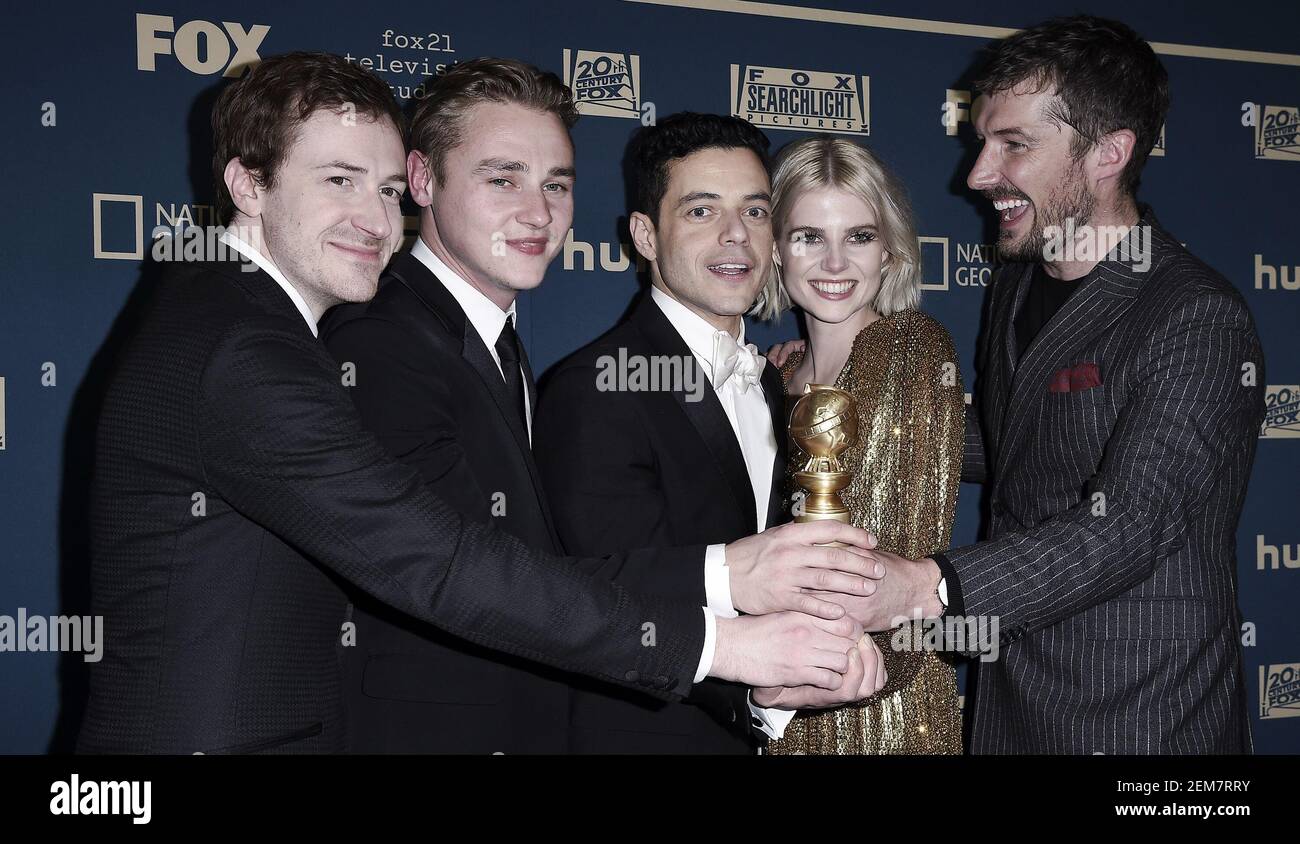 BEVERLY HILLS - JANVIER 6 : Joe Mazzello, Ben Hardy, Rami Malek, Lucy Boynton, Gwilym Lee participe à la fête des candidats Fox 2019 pour le 76e Golden Globe Awards à la terrasse Fox sur le toit du Beverly Hilton le 6 janvier 2019, à Beverly Hills, en Californie. (Photo de Scott Kirkland/Fox/PictureGroup/Sipa USA) Banque D'Images