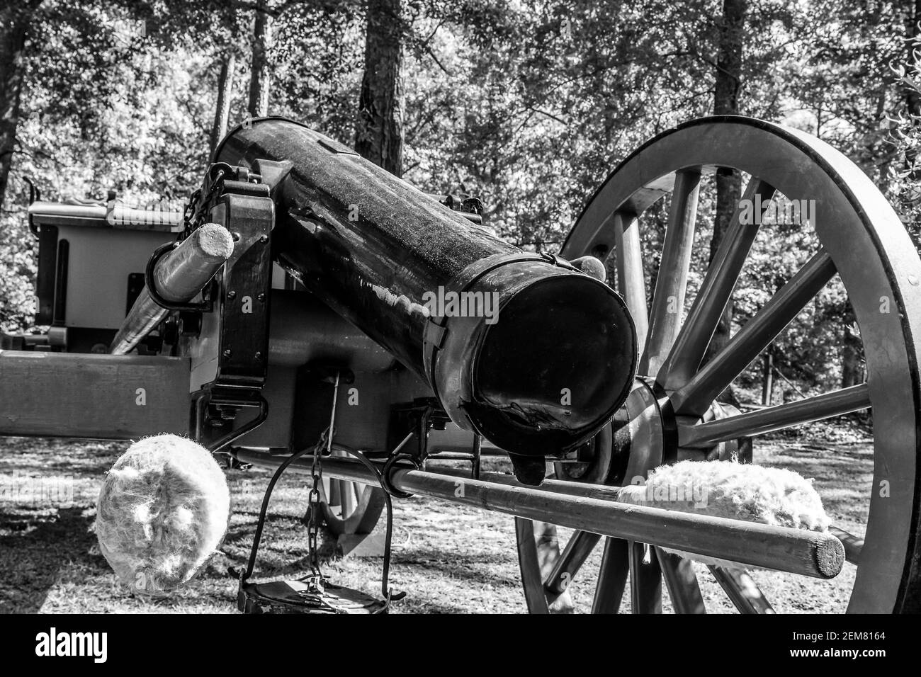 Gros plan d'un canon de l'époque de la guerre de Sécession en noir et blanc. Banque D'Images