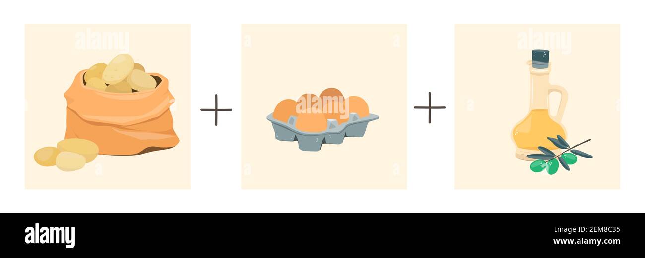 Pommes de terre, œufs et huile d'olive. Illustration vectorielle d'une recette pas à pas. Omelette espagnole à la pomme de terre. Illustration de Vecteur