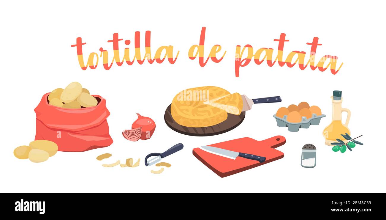 Ingrédients pour omelettes de pommes de terre espagnoles - tortilla de patata. Huile d'olive, oignons, pommes de terre, œufs, planche à découper et couteau. Illustration vectorielle sur un blanc Illustration de Vecteur