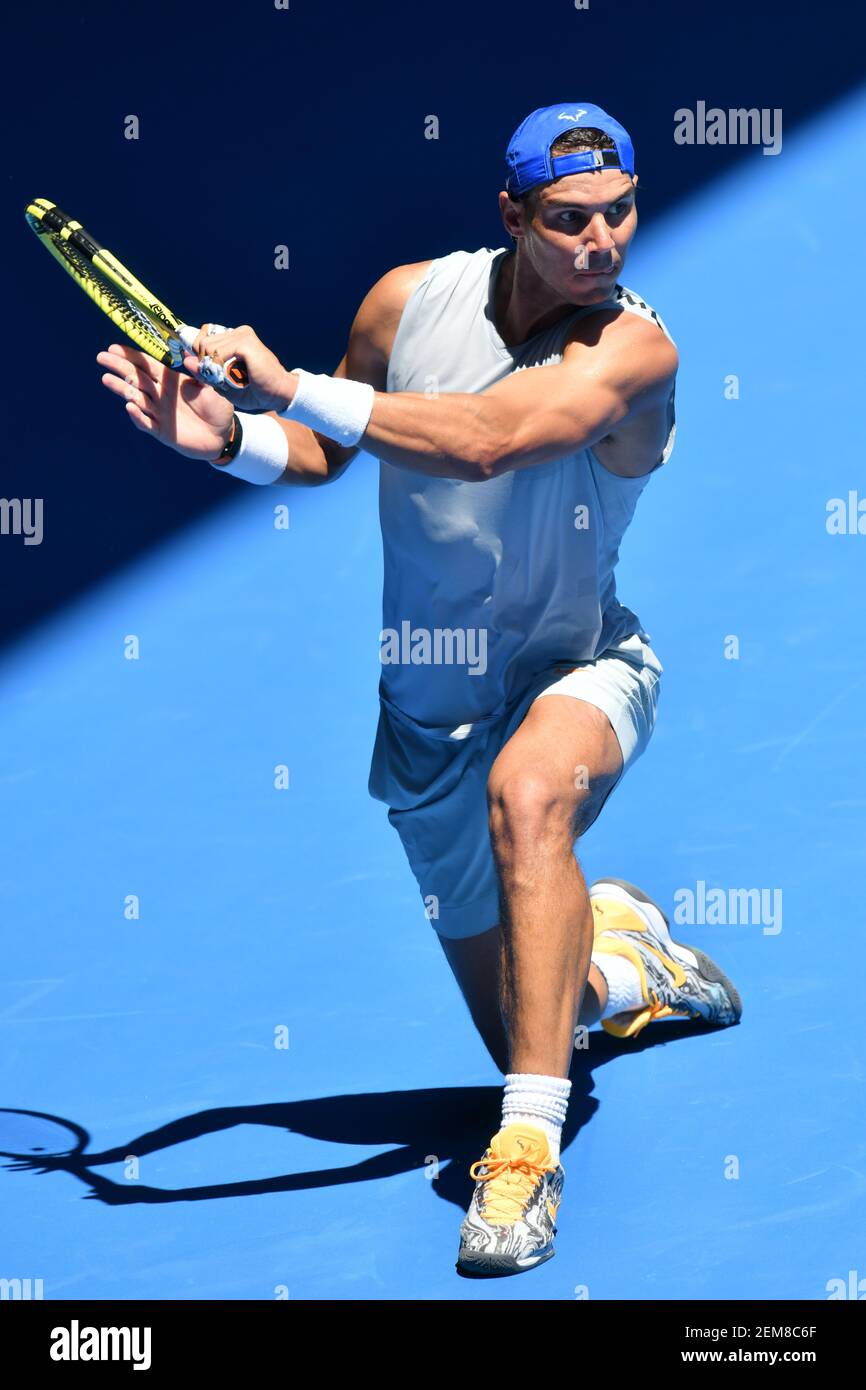 11 janvier 2019: 2e graine Rafael Nadal pratique sur Rod laver Arena avant  le tournoi de tennis Open Grand Chelem australien 2019 à Melbourne, en  Australie. Sydney Low/Cal Sport Media/Sipa USA (image