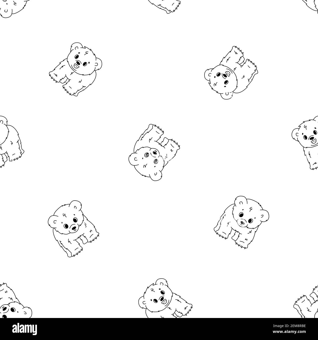 Motif vectoriel sans couture de mignon dessin animé petit enfant ours polaire oursons, ils se tient sur toutes les jambes et sourires. Enfants Black Outline les animaux sont isolés sur Illustration de Vecteur