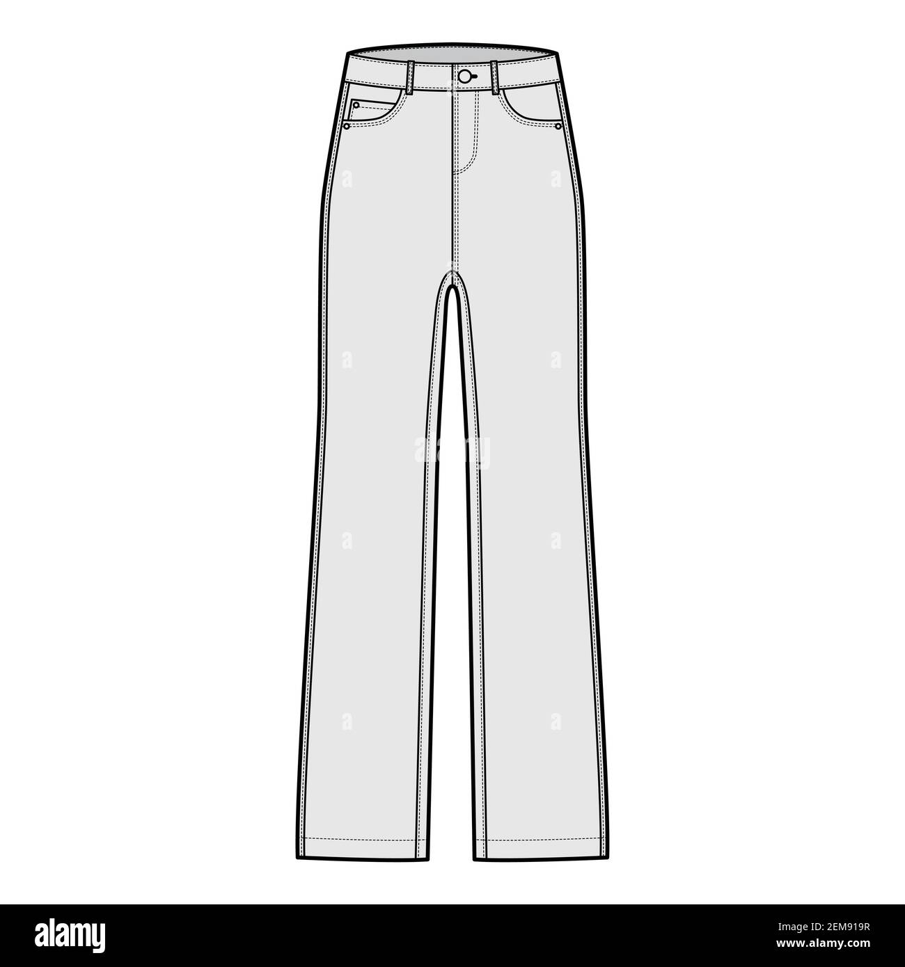 Jeans pantalons denim technique mode illustration avec longueur, taille  basse, taille, 5 poches, rivets, boucles de ceinture. Modèle de vêtement à  fond plat sur le devant, de couleur grise. Femmes, hommes, maquette