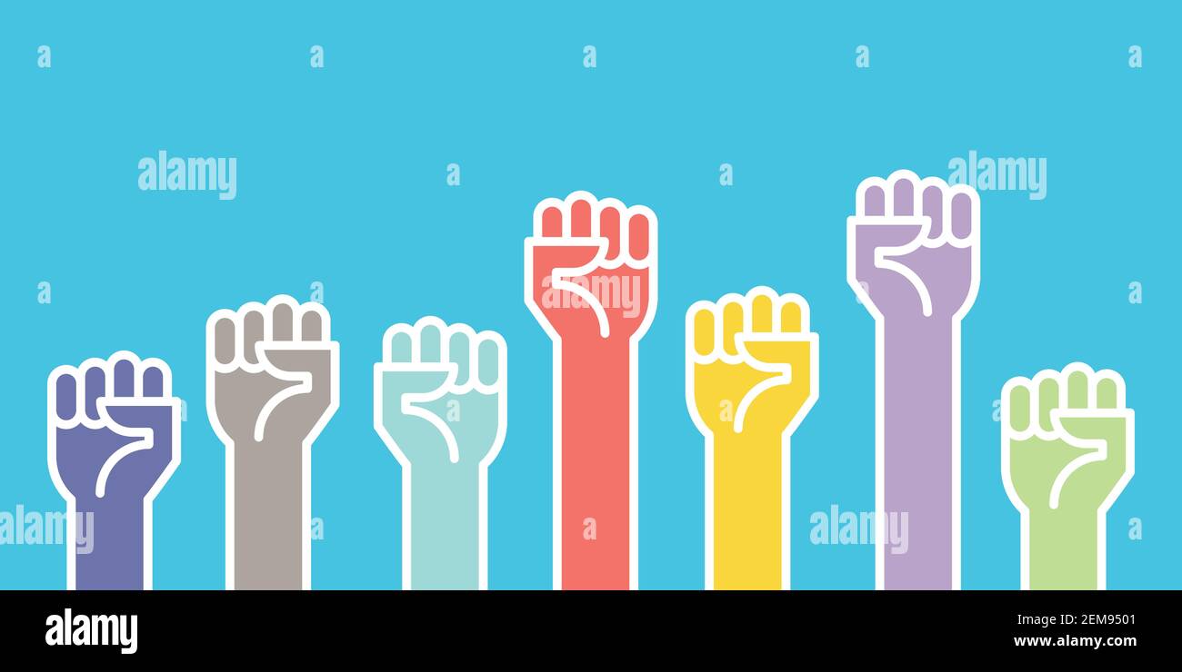 Fists, l'illustration vectorielle est mise à la main. Concept d'unité, de révolution, de lutte, de coopération. Conception à contour plat. Illustration de Vecteur
