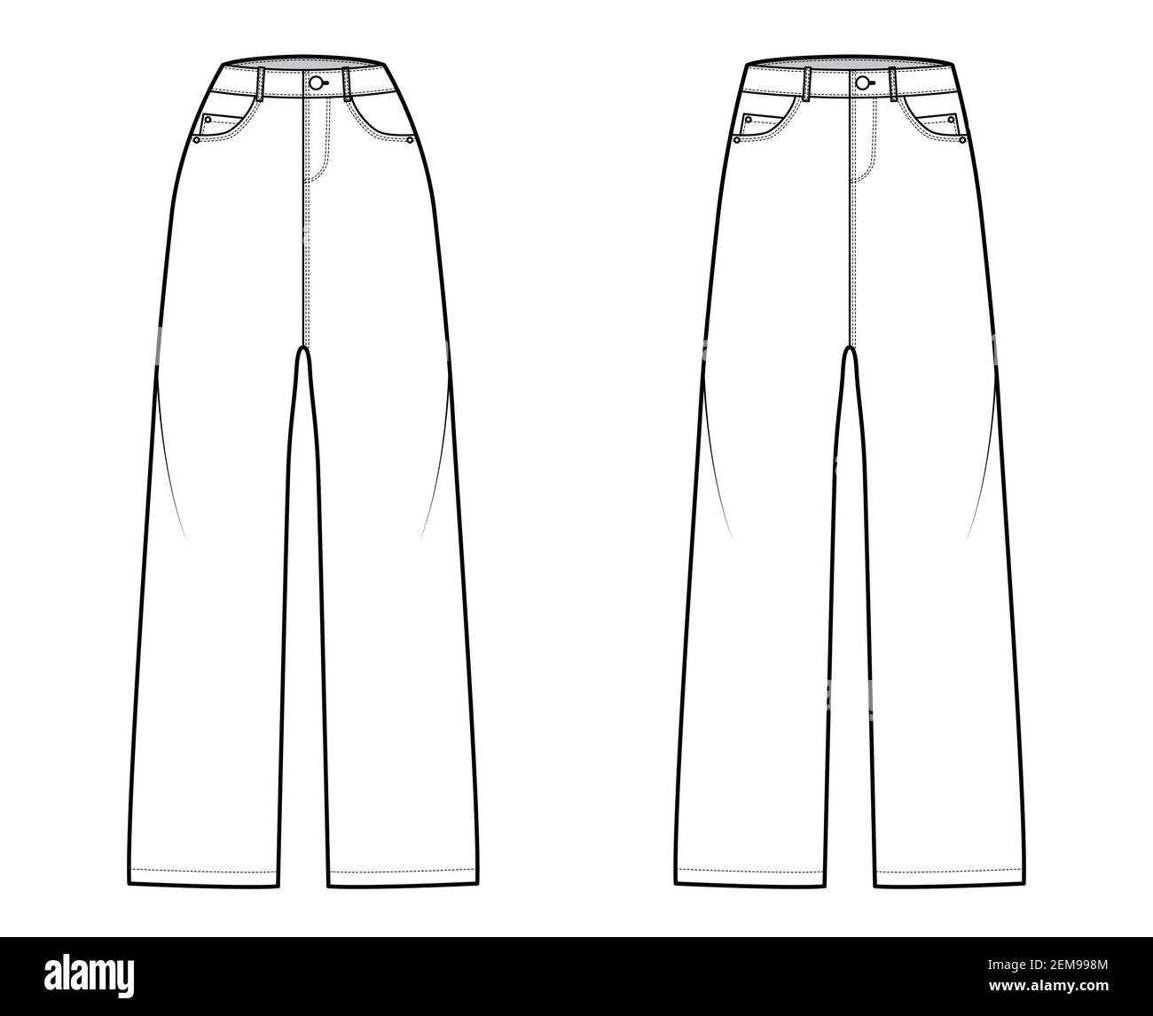 Ensemble de pantalons en Jean Baggy illustration technique de la mode avec  toute la longueur, taille normale basse, taille haute, 5 poches, passants de  ceinture. Modèle avant à fond plat, couleur blanche.