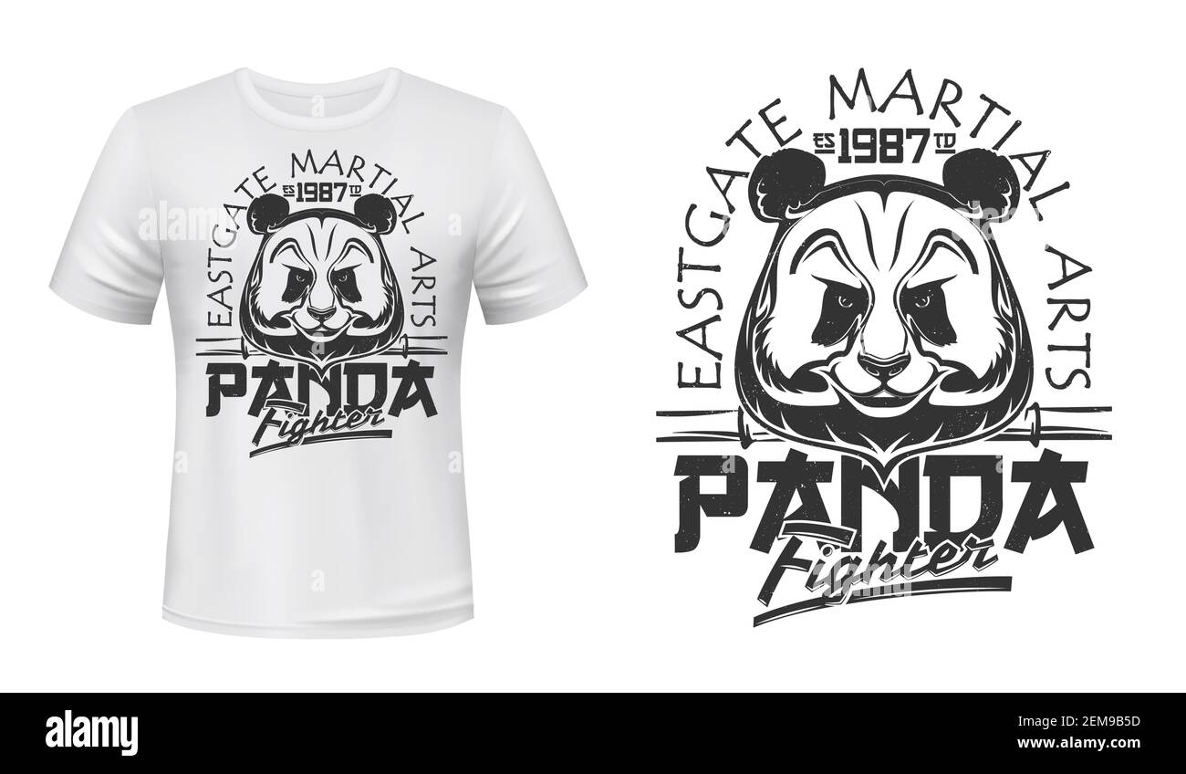 Panda, t-shirt à imprimé vectoriel du club de combat, maquette des arts  martiaux et du sport de combat. Modèle de vêtement personnalisé avec ours  panda asiatique, animal sauvage h Image Vectorielle Stock -