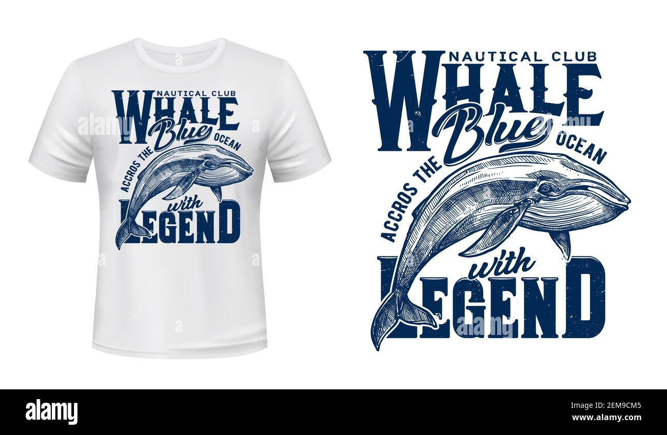 T-shirt à imprimé club nautique, poisson baleine, motif vectoriel bleu marine maquette. La Marine cite la légende bleue de l'océan, le club de voile de navigation de mer et de yacht Illustration de Vecteur