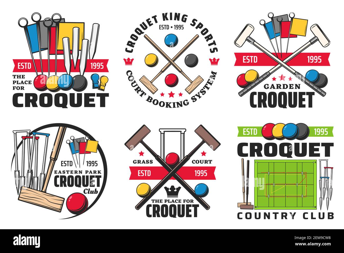 Croquet sport icônes isolées avec des ballons de jeu vectoriels, maillets et bickets ou des paniers, marquant le poteau et les drapeaux d'angle sur le terrain vert. Club de sport de croquet an Illustration de Vecteur